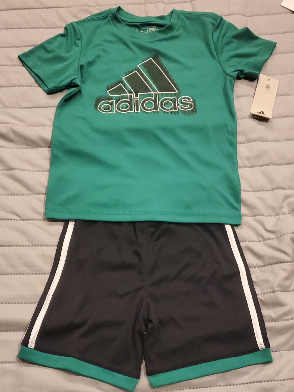 adidas Green Logo Tee with Black Shorts
